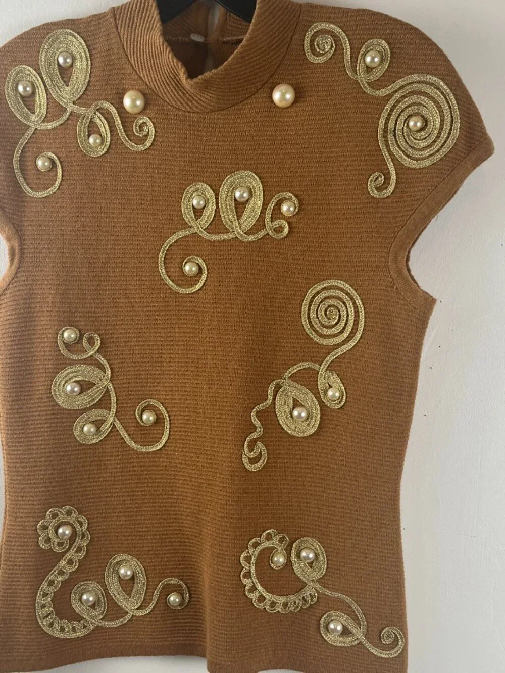 60s Gold Lambwool Embroidery and Pearl Beaded Shell - Picture 2 of 5